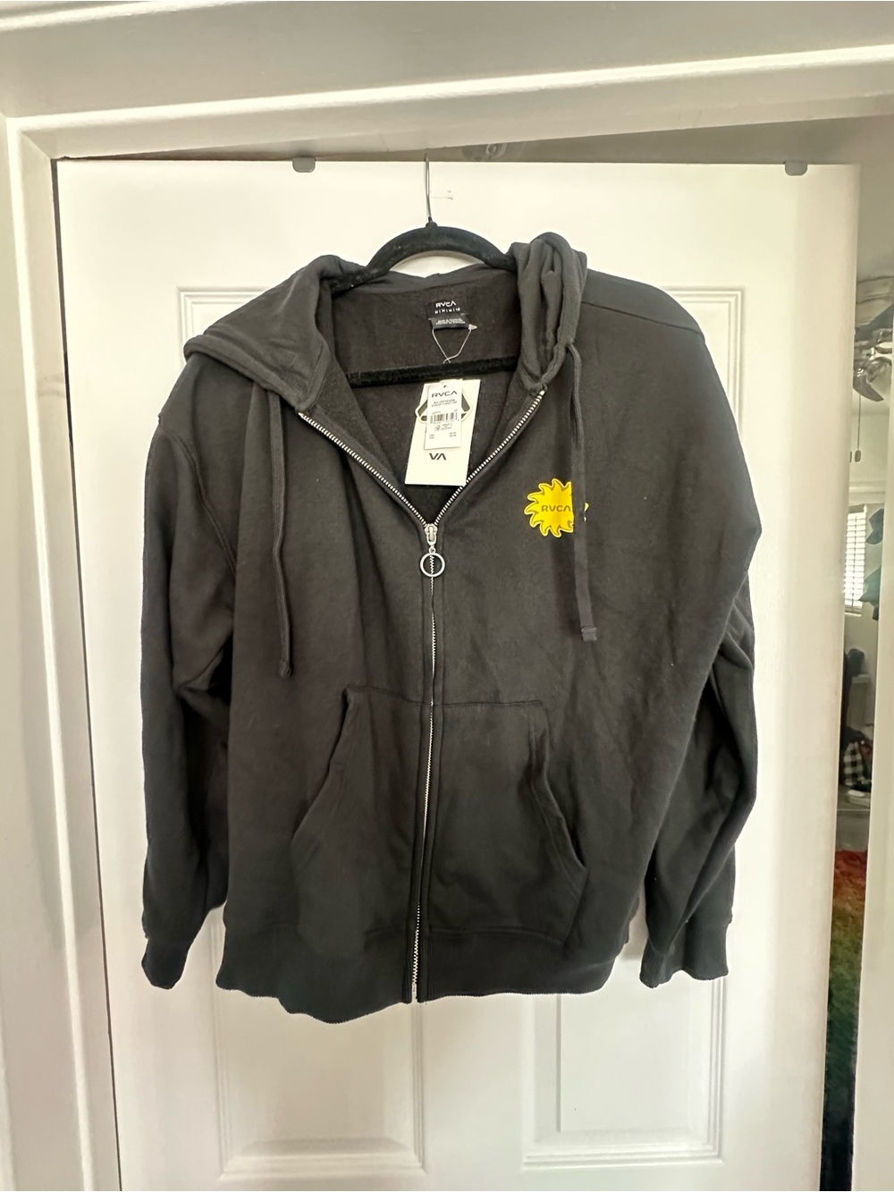 RVCA Black Zip Hoodie with Yellow Sun Patch